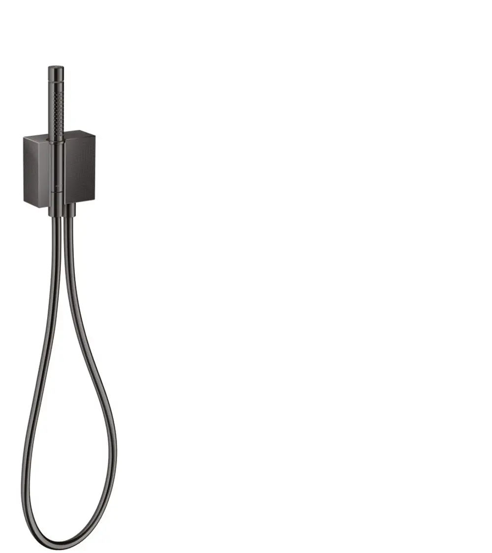 Handbrause mit Schlauch in schwarzem Design, montiert an einer Wandhalterung. Produkt von AXOR, geeignet für Badezimmeranwendungen.